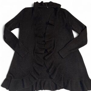 Black Ruffle front 100% Cashmere Cardigan Sweater